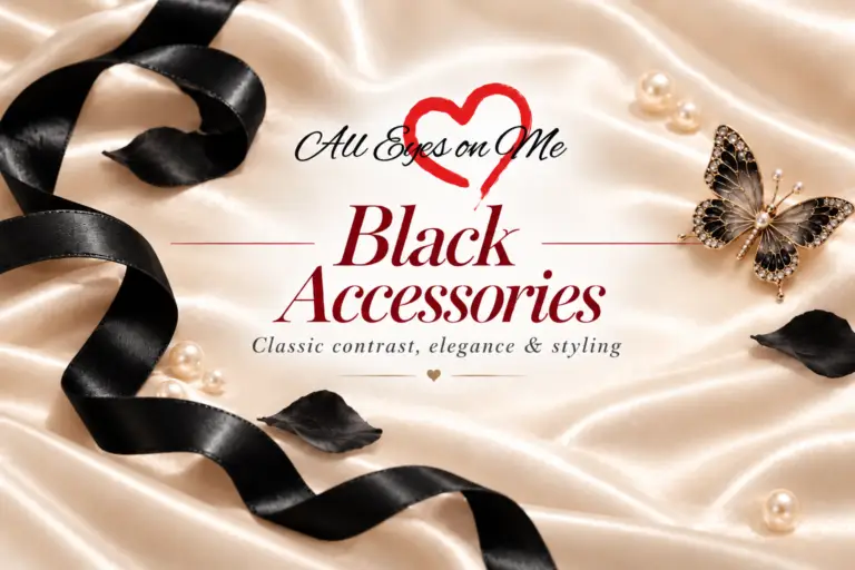Black Accessories banner with black satin ribbon, butterfly accent and pearls on champagne satin