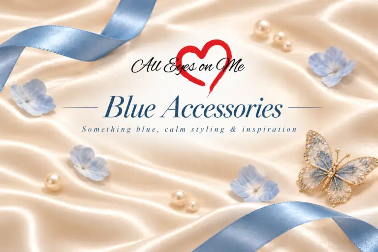 Blue Accessories banner with blue satin ribbon, jeweled butterfly, blue flowers and pearls on champagne satin