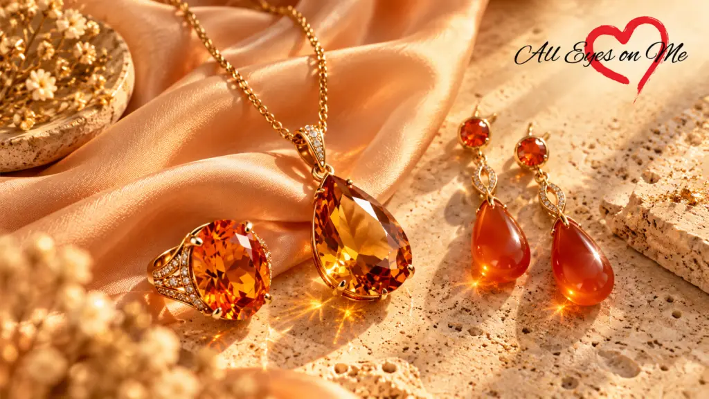 Sparkling amber and fiery orange crystal jewellery collection with a glowing faceted pendant necklace, statement cocktail ring, and drop earrings on warm linen.