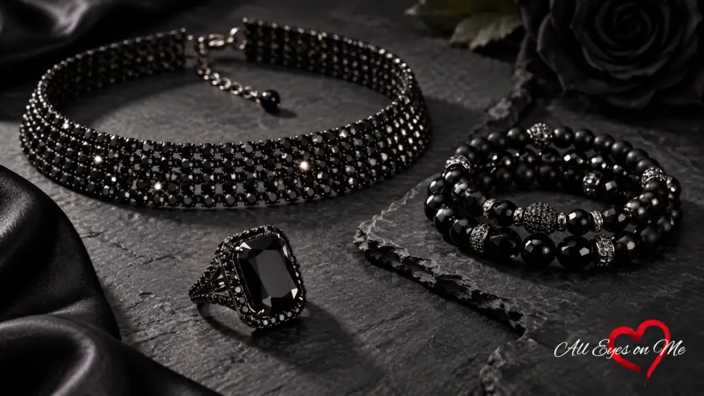 Elegant black accessories collection featuring a sparkling crystal choker, sleek black ring, and a beaded bracelet.