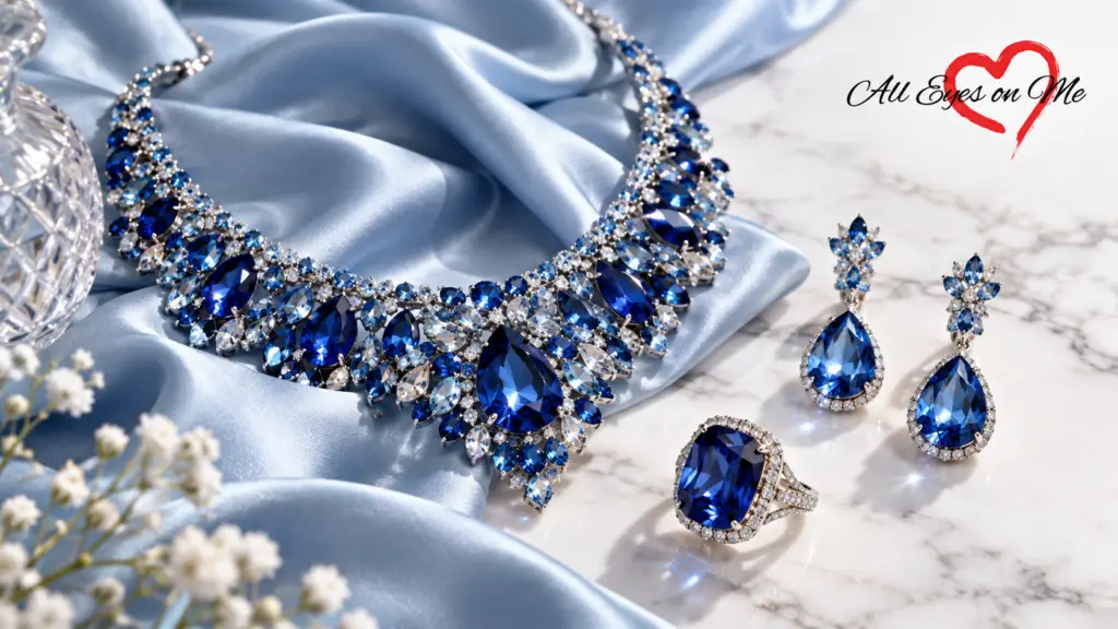 Vibrant royal blue and turquoise crystal jewelry collection featuring a delicate collar necklace, sapphire-toned cocktail ring, and drop earrings on a soft silk backdrop.