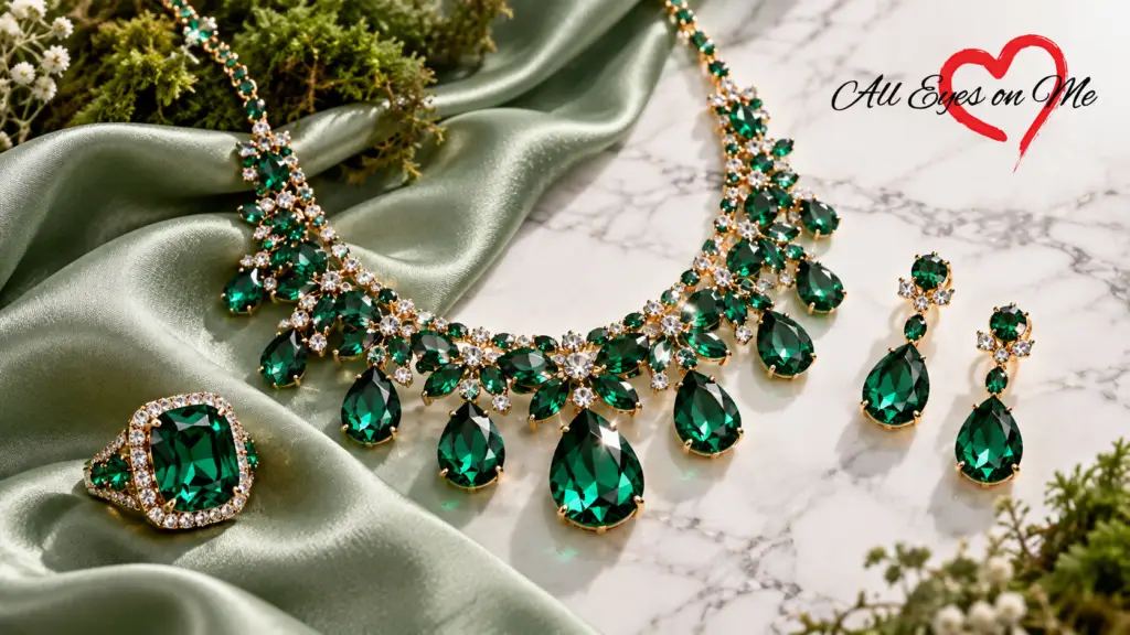 Exquisite emerald green crystal jewelry collection with a sparkling teardrop pendant necklace, statement cocktail ring, and matching drop earrings on a soft moss-textured surface.