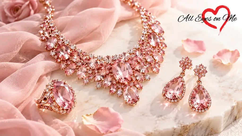 Sparkling blush pink and rose crystal jewellery collection featuring a multi-strand choker, faceted teardrop earrings, and a statement rose quartz ring on soft silk.