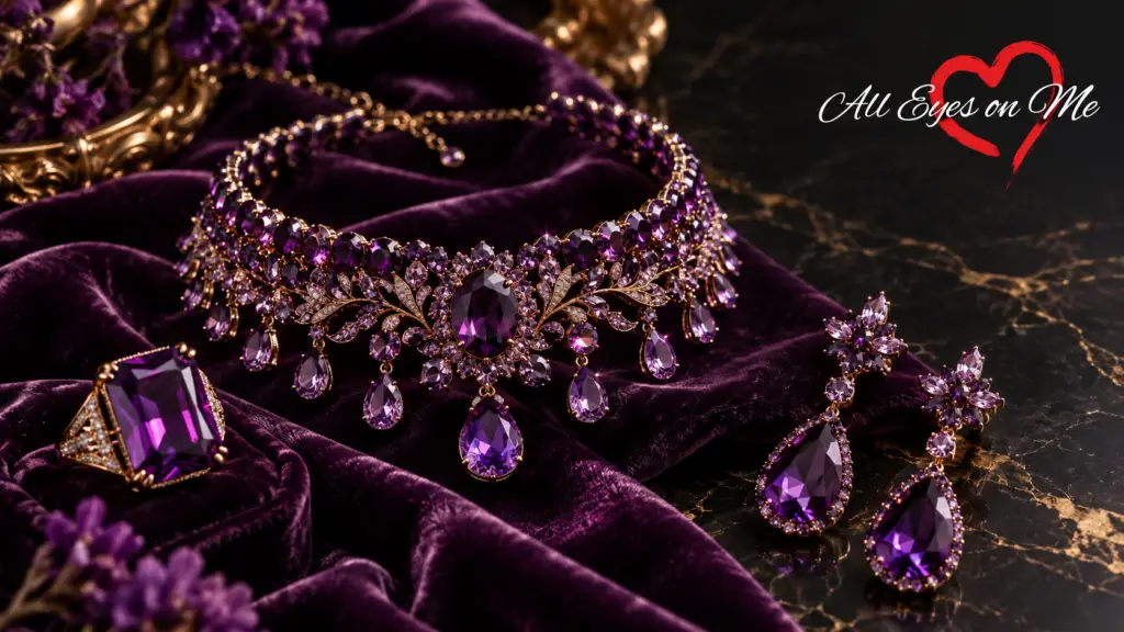 Sparkling royal purple and deep amethyst crystal jewellery collection featuring a statement choker necklace, faceted cocktail ring, and drop earrings on deep violet velvet.