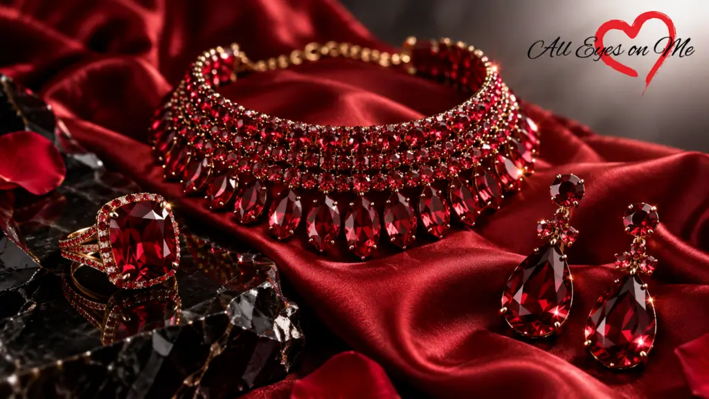 Sparkling ruby-red crystal jewellery collection featuring a bold multi-row collar necklace, cushion-cut garnet cocktail ring, and chandelier drop earrings on crimson silk.