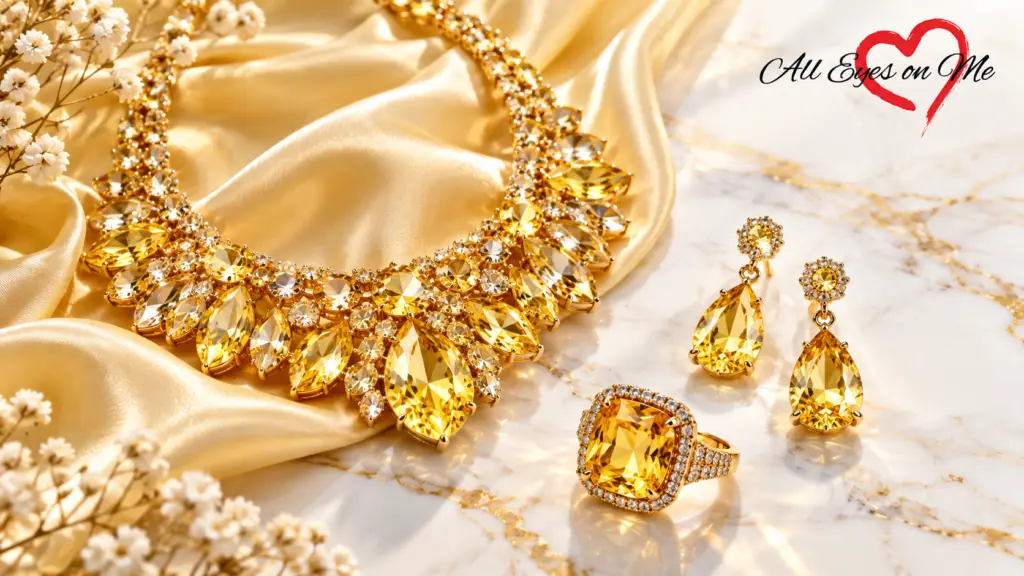 Sparkling canary yellow crystal jewelry collection featuring a multi-faceted collar necklace, cushion-cut yellow topaz cocktail ring, and drop earrings on white marble.