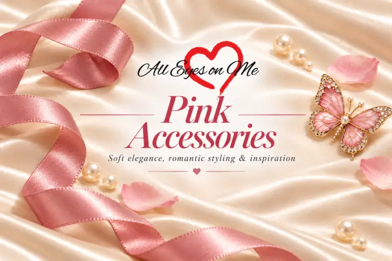 Pink Accessories banner with pink satin ribbon, jeweled butterfly, petals and pearls on champagne satin