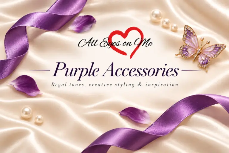 Purple Accessories banner with purple satin ribbon, jeweled butterfly and pearls on champagne satin
