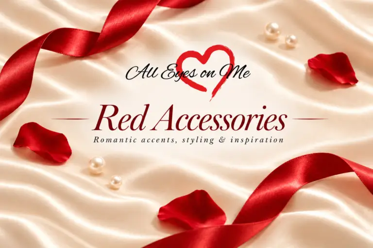 Red Accessories banner with red satin ribbon, butterfly accent and pearls on champagne satin