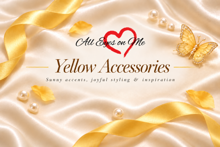 Yellow Accessories banner with yellow satin ribbon, butterfly accent and pearls on champagne satin
