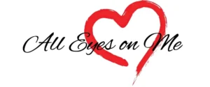 All Eyes on Me red heart logo with black script text