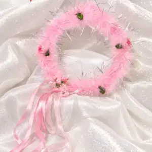 Pink fluffy rose halo crown with ribbon ties