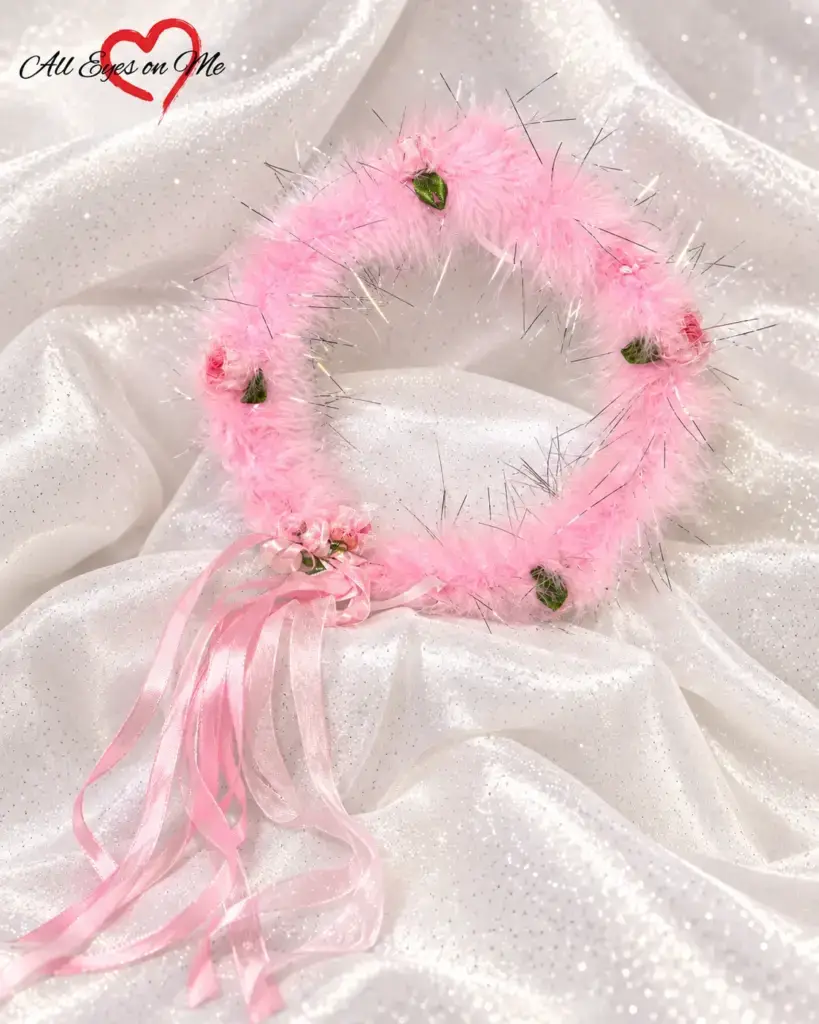 Pink fluffy rose halo crown with ribbon ties