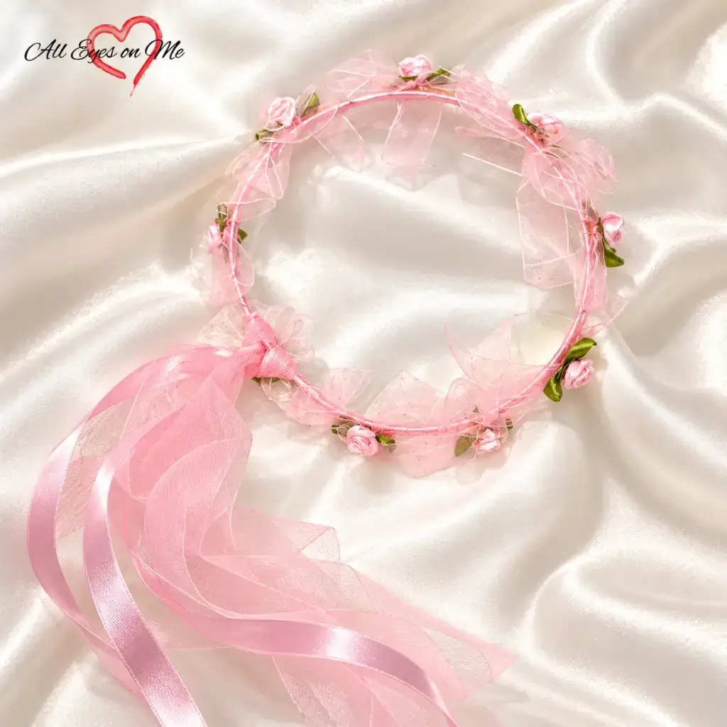 Pink ribbon rose crown with organza bows and ribbon ties