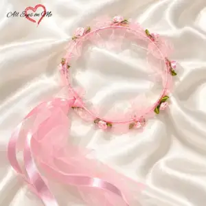 Pink ribbon rose crown with organza bows and ribbon ties