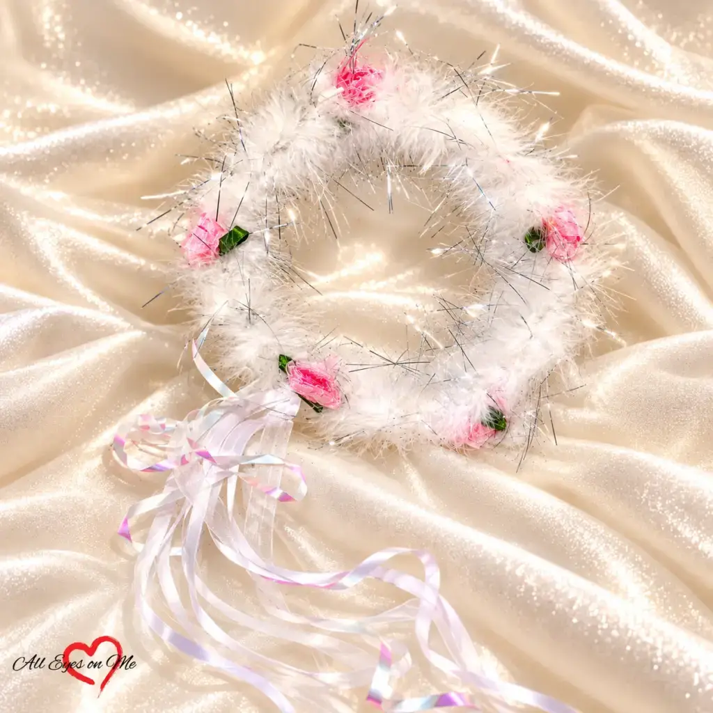 White fluffy rose halo crown with pink roses, silver tinsel and ribbon ties