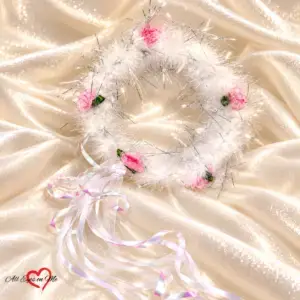 White fluffy rose halo crown with pink roses, silver tinsel and ribbon ties