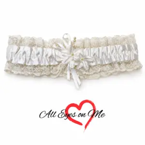 White flower garter with gathered satin, lace trim and pearl accents, front view