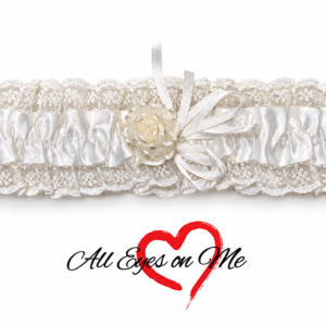 White satin and lace garter with a cream rose and ribbon loops, front view