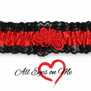 Red gathered garter with black lace trim and red butterfly detail, front view