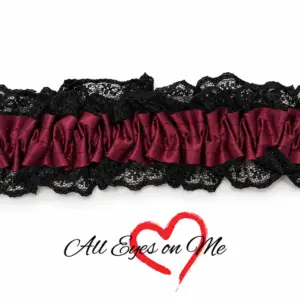 Burgundy gathered garter with black lace trim, front view