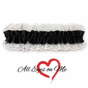 Black gathered garter with white lace trim, front view
