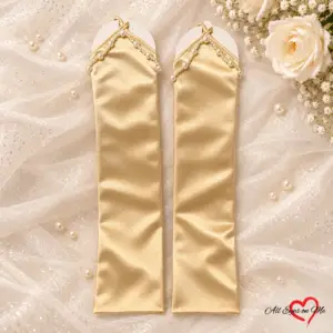 Champagne fingerless satin bridal gloves with faux pearl trim, 49 cm