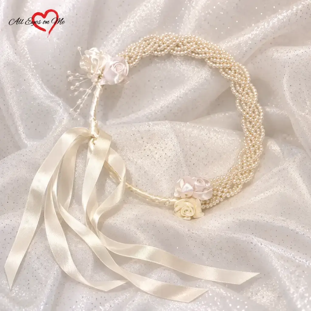 Handmade cream pearl bridal crown with satin roses and ribbon ties