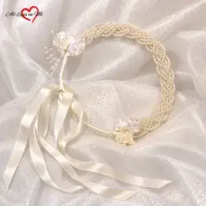 Handmade cream pearl bridal crown with satin roses and ribbon ties