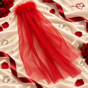 Red tulle veil with red feather trim