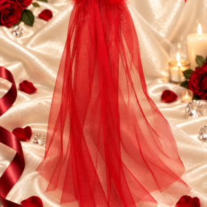 Red tulle veil with red feather trim