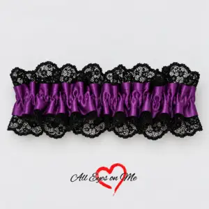 Single purple and black wrist garter with gathered purple satin-look band and black lace trim