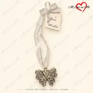 Silver-tone butterfly bridal good luck charm with white ribbon, bow and Best Wishes card
