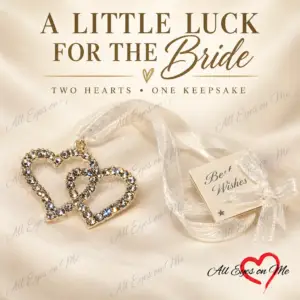 Interlocking twin hearts bridal good-luck charm with white ribbon and a luck-for-the-bride message
