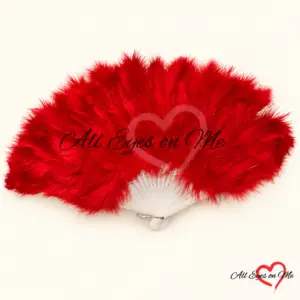 Red feather hand fan fully opened with white frame
