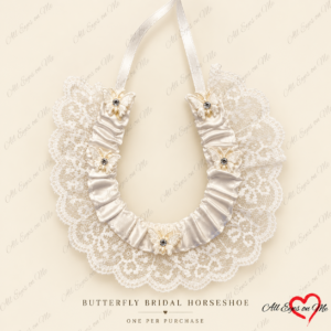 White satin bridal horseshoe decorated with five white butterflies and clear stone-look centres