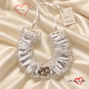 White satin and lace bridal horseshoe with two overlapping diamante-look hearts and a Best Wishes card