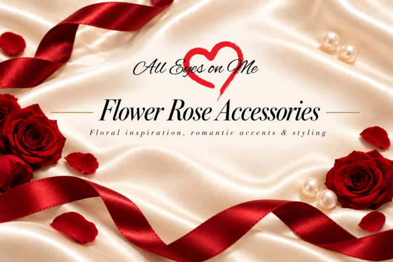 Flower Rose Accessories banner with red roses, red satin ribbon and pearls on champagne satin