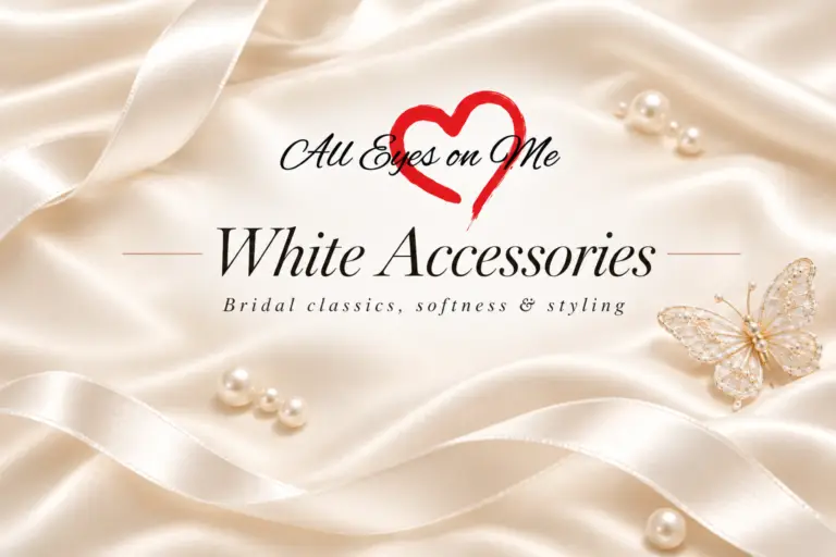 White Accessories banner with white satin ribbon, butterfly accent and pearls on ivory satin