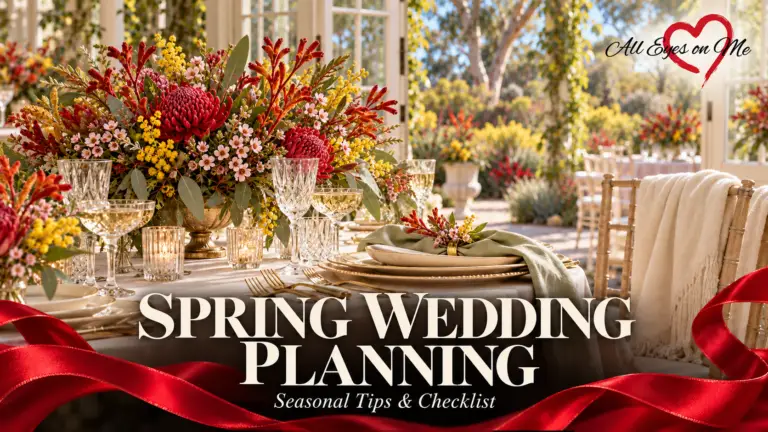 Spring wedding table with Australian native flowers, eucalyptus and crystal glassware, framed by red ribbons with the title Spring Wedding Planning.