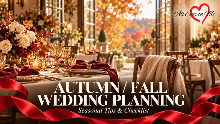 Autumn wedding reception with amber glassware, burgundy napkins, cream roses and a warm wrap, framed by red ribbons with the title Autumn / Fall Wedding Planning.