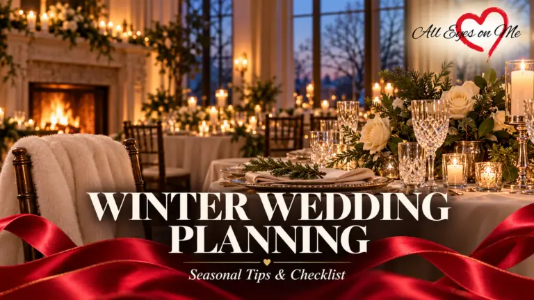 Candlelit winter wedding reception with cream roses, a cosy wrap and a fireplace, framed by red ribbons with the title Winter Wedding Planning.