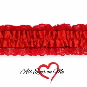 Red satin and lace garter on a white background with the All Eyes on Me logo below