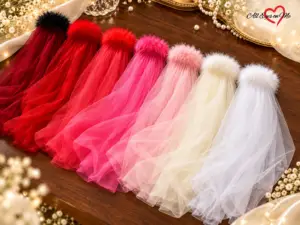 Collection of coloured hens night veils in red, pink, ivory and white with fluffy trim
