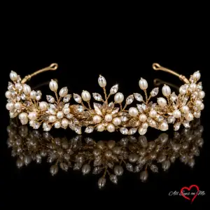 Gold-tone botanical pearl-style bridal tiara E5-3691 on a black background