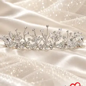 Silver-tone botanical floral crystal-style bridal tiara E5-4959 on ivory satin