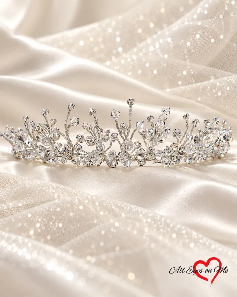 Silver-tone botanical floral crystal-style bridal tiara E5-4959 on ivory satin