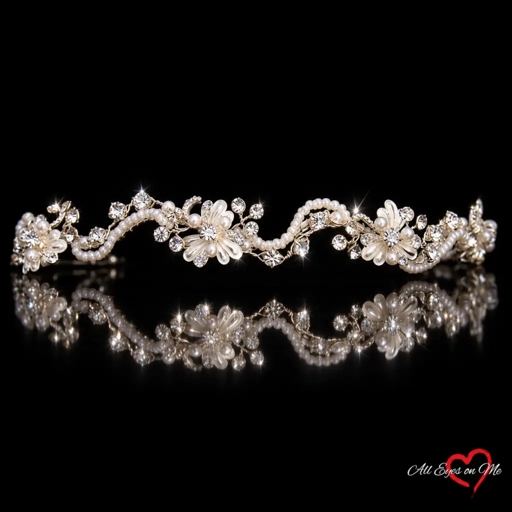 Silver-tone pearl vine floral bridal tiara E5-5030 on a black background