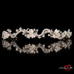 Silver-tone pearl vine floral bridal tiara E5-5030 on a black background