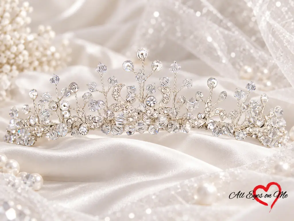 Styled silver-tone floral vine crystal-style bridal tiara displayed for a wedding accessory presentation